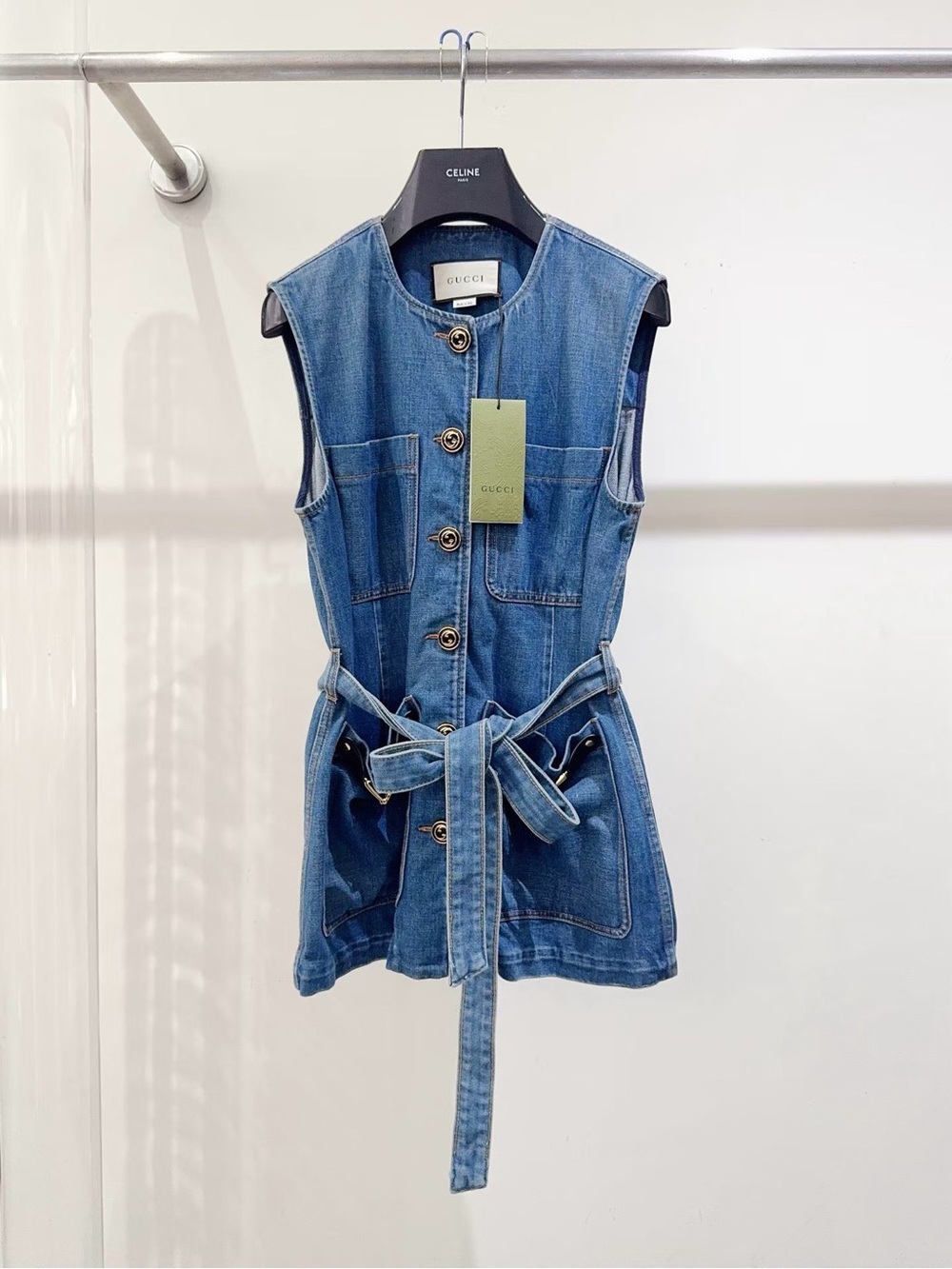 Gucci Blue Denim Sleeveless Vest with Signature Gold-Tone Button